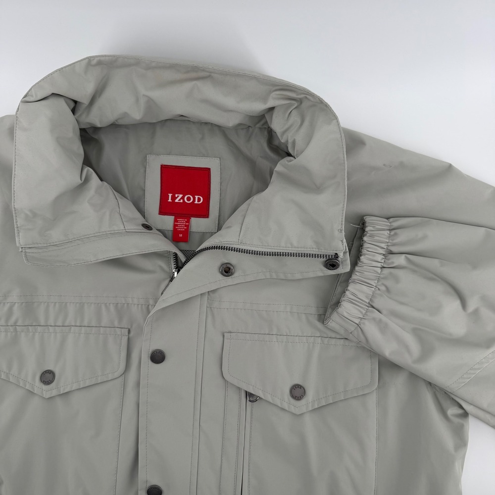 IZOD Mens Light‎ Tan Hooded Jacket Windbreaker Size Medium roll hood zip